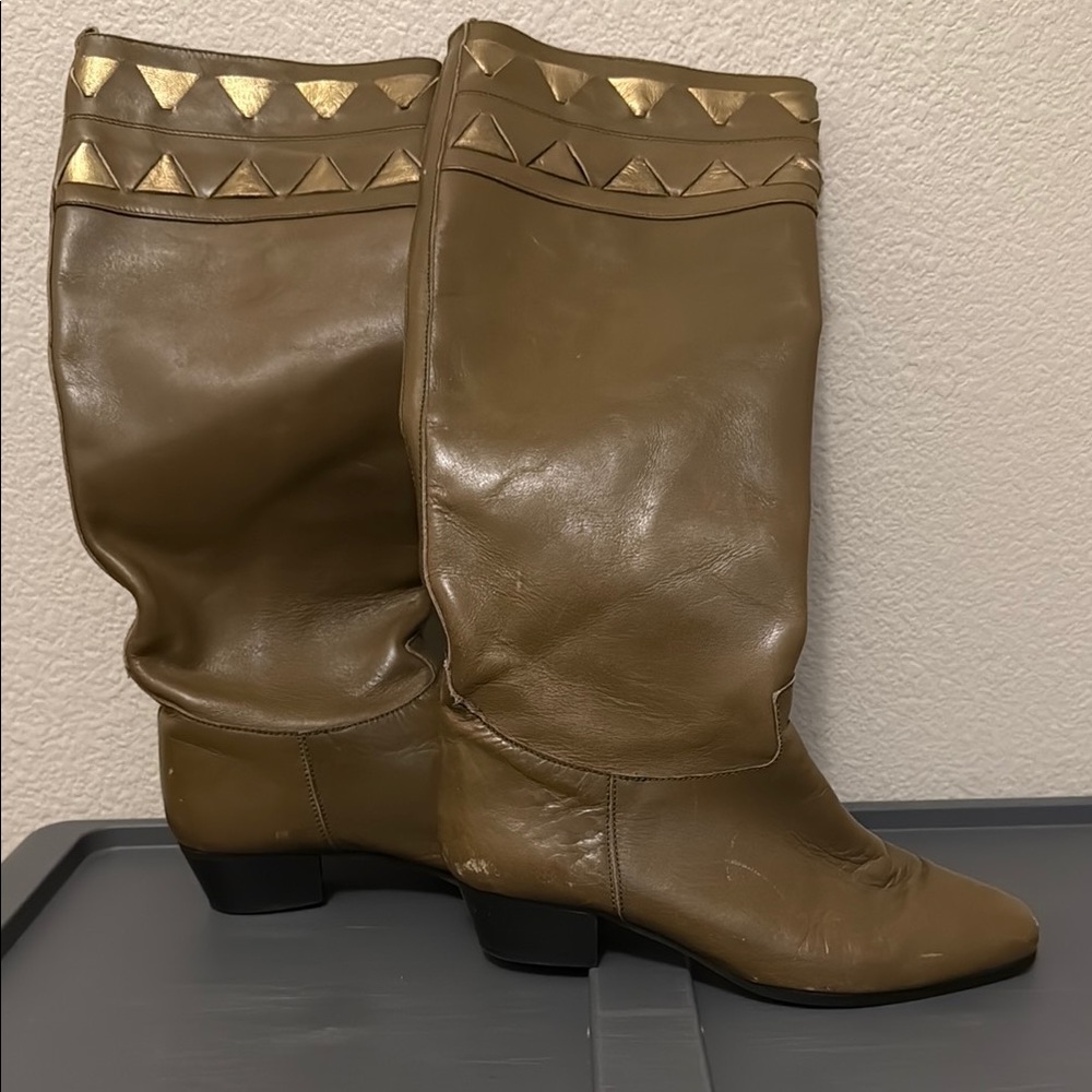 SOLD!!! Stylish Olive Leather Boots with Gold Accents